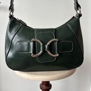 Vintage Forest Green Leather Shoulder Bag with Silver Horsebit Hardware